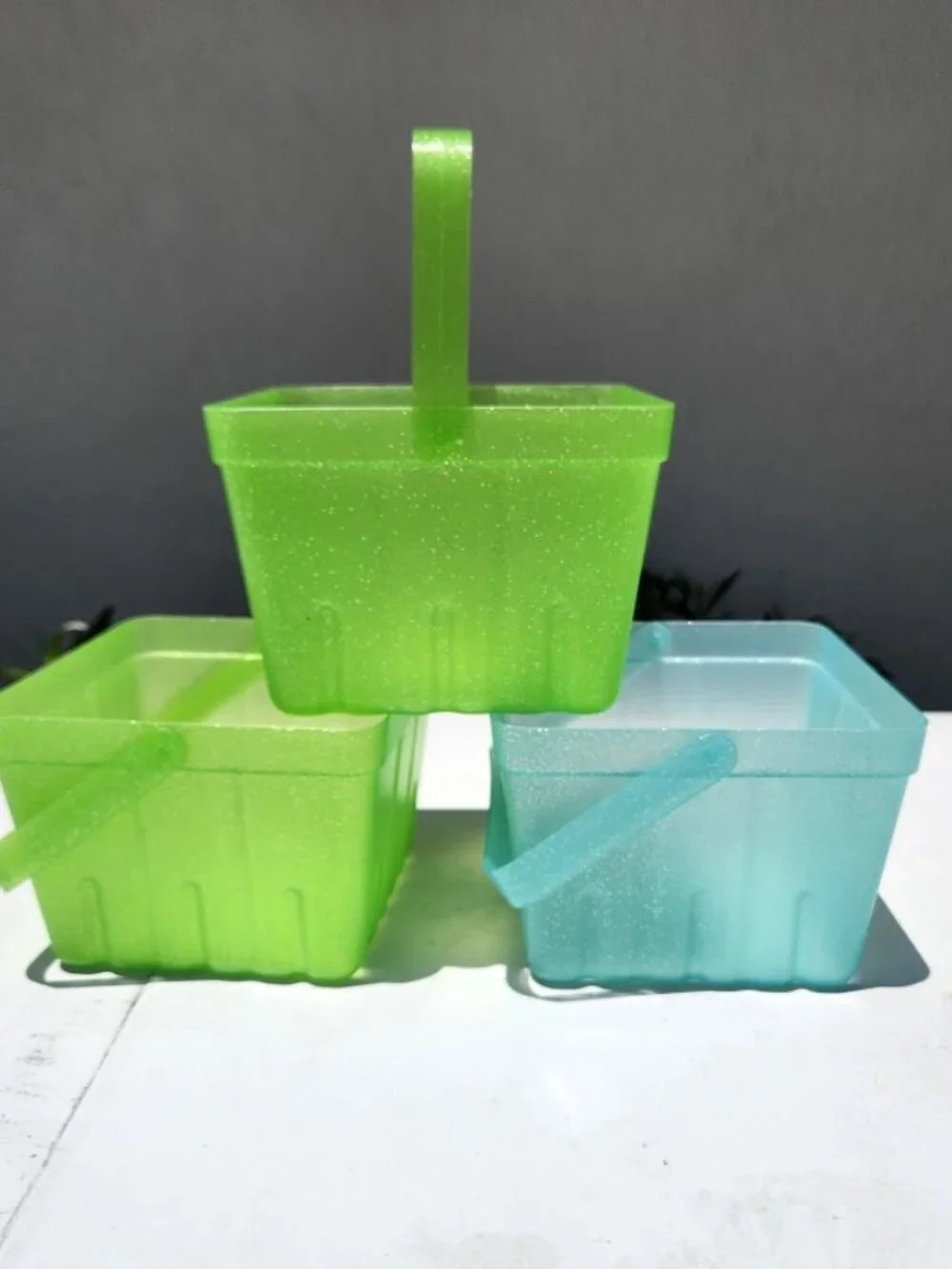 Set of 3 Baskets Basket Bundle with Handle Blue Green Sparkly Easter Basket Part
